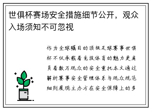 世俱杯赛场安全措施细节公开，观众入场须知不可忽视