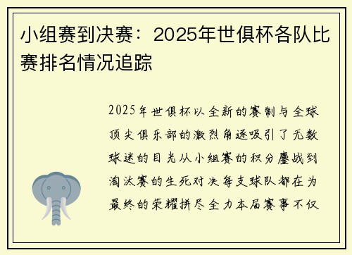 小组赛到决赛:2025年世俱杯各队比赛排名情况追踪