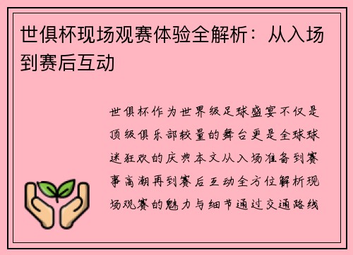 世俱杯现场观赛体验全解析：从入场到赛后互动